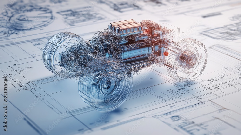 Poster detailed engineering blueprints with a transparent engine model layered on top, representing the cut