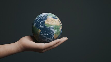A hand holding a small globe symbolizes the care for our planet and reminds us of the importance of environmental awareness and global responsibility in protecting Earth for future generations.