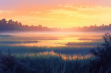 Obraz premium Serene sunrise illuminates the salt marshes with soft hues and gentle reflections