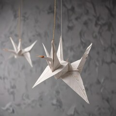 Handmade paper crane made from recycled paper suspended in the air by an invisible thread, paper, simple, suspension