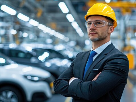 Confident manager in hardhat and suit on factory floor with cars in background.