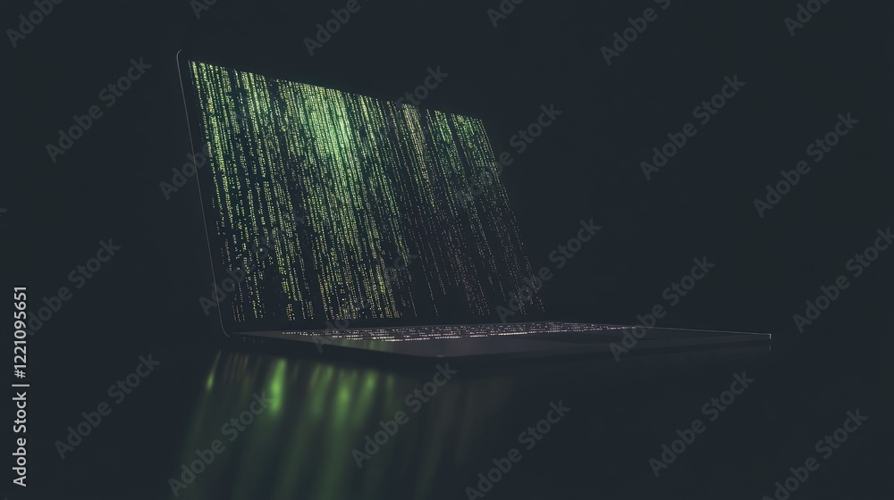 Poster Digital data streamed through a laptop, with programming code in the background, symbolizing the digital transformation and technology-driven world.