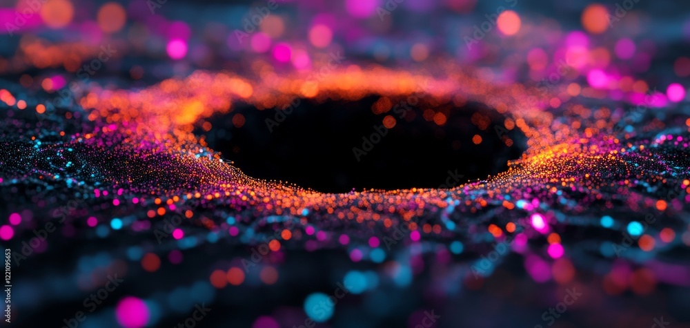 Poster an abstract representation of a black hole filled with vibrant colors and sparkling particles, evoki