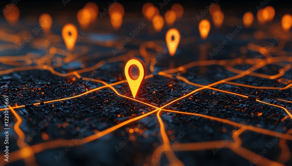 Poster an abstract representation of a digital city map with glowing pin markers indicating various locatio