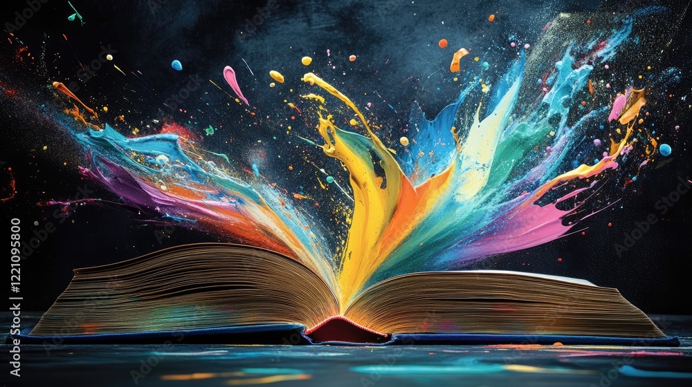 Poster Dynamic paint splashes flying out from an open book, embodying the vivid and imaginative power of reading and creativity.