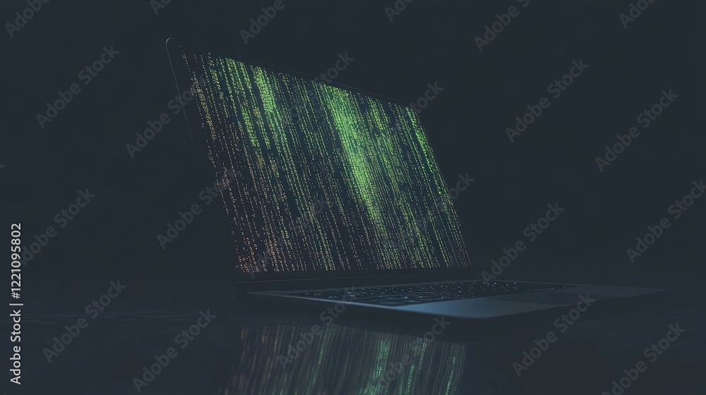 Poster Digital data streamed through a laptop, with programming code in the background, symbolizing the digital transformation and technology-driven world.