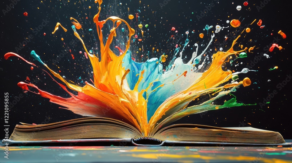 Poster Dynamic paint splashes flying out from an open book, embodying the vivid and imaginative power of reading and creativity.