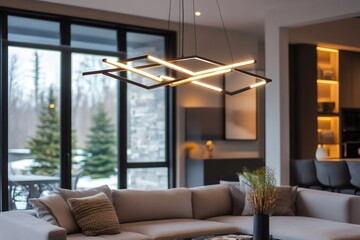 Fototapeta premium Modern chandelier illuminating contemporary living room with snowy backyard view