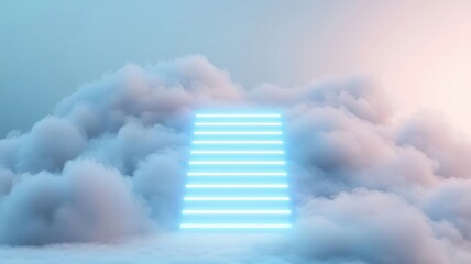 Abstract staircase ascending through clouds towards a glowing business icon, 3D illustration,