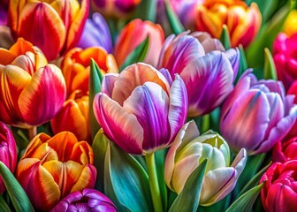 Fototapeta premium Vibrant Tulip Floral Pattern: Close-up Portrait Photography of Colorful Spring Blossoms