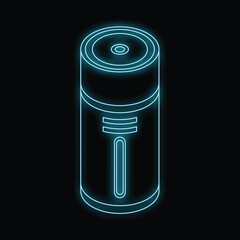Blue glowing neon sign of electronic cigarette pod system is shining on a black background
