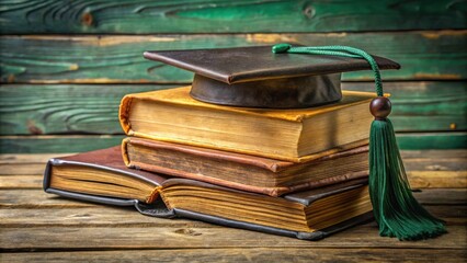 A graduation cap perched atop a stack of well-worn books, symbolizing the culmination of knowledge and the pursuit of academic excellence.