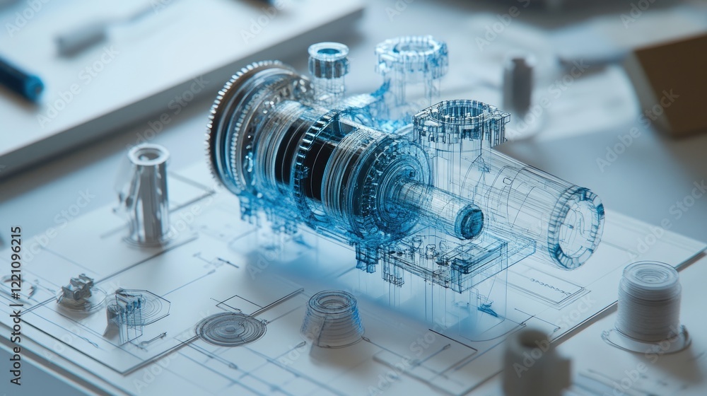 Poster Engineering concept showcasing the development of a complex gearbox with blueprints and 3D printed prototypes in focus.