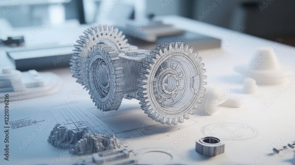 Poster Engineering concept showcasing the development of a complex gearbox with blueprints and 3D printed prototypes in focus.