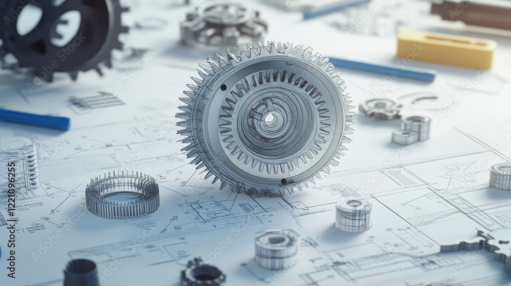 Poster Engineering concept showcasing the development of a complex gearbox with blueprints and 3D printed prototypes in focus.