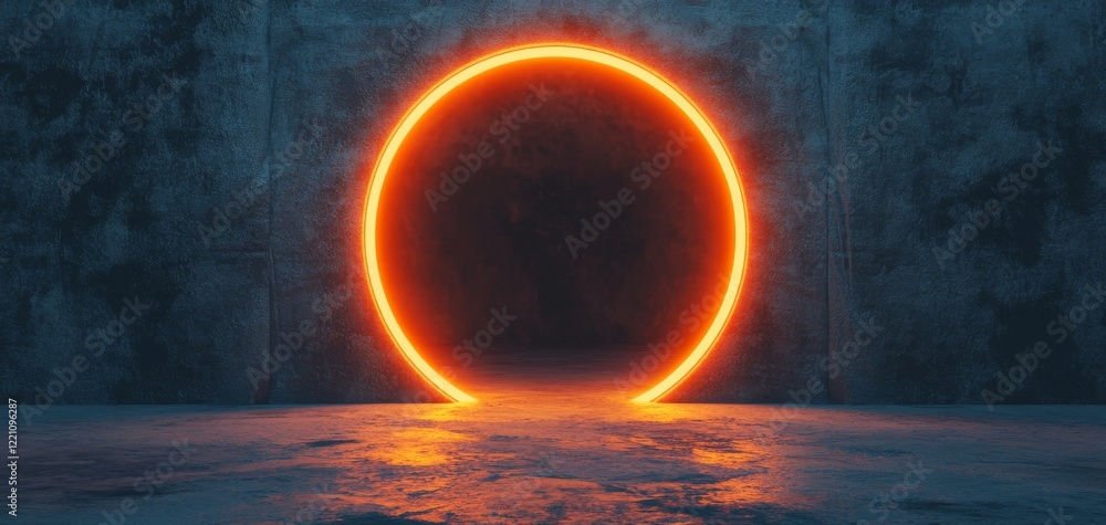 Poster an illuminated circular shape against a dark, textured wall, creating a surreal and abstract atmosph