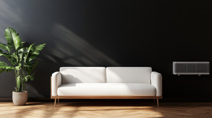 Simple white sofa positioned against a dark wall with indoor plant nearby in a cozy living room setting