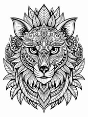 Obraz premium Animal Face Mandala Coloring Page for Adults, black and white, black line art, Isolated on white background