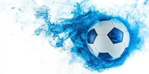 Naklejka premium Dynamic Soccer Ball Surrounded by Blue Smoke and Motion Effects