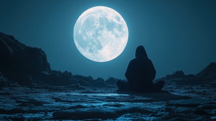 Hooded Figure Meditates Underneath A Large Moon