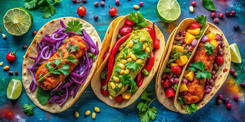 Fototapeta premium Vibrant Vegan Taco Trio Overhead: Colorful Plant-Based Fiesta