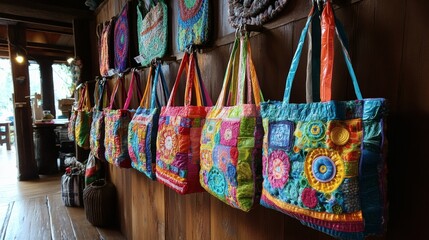 Fototapeta premium Vibrant Handmade Patchwork Bags on Wooden Wall
