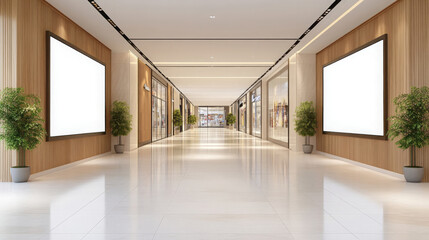Obraz premium modern mall interior featuring spacious hallways, large blank advertising panels, and decorative plants. bright, clean design creates inviting atmosphere for shoppers