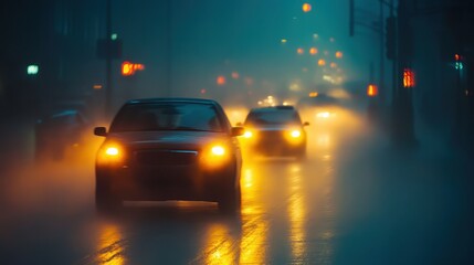 Evening city streets shrouded in dense haze, car headlights creating streaks through pollution, [urban pollution], [smoggy atmosphere].