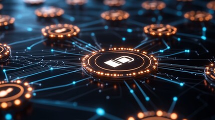 A visually captivating digital network featuring interconnected glowing nodes with a central lock icon symbolizing cybersecurity and data protection