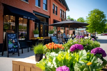 Fototapeta premium Colorful flowers decorating a wooden crate in front of a restaurant in Hudson, Quebec, Canada