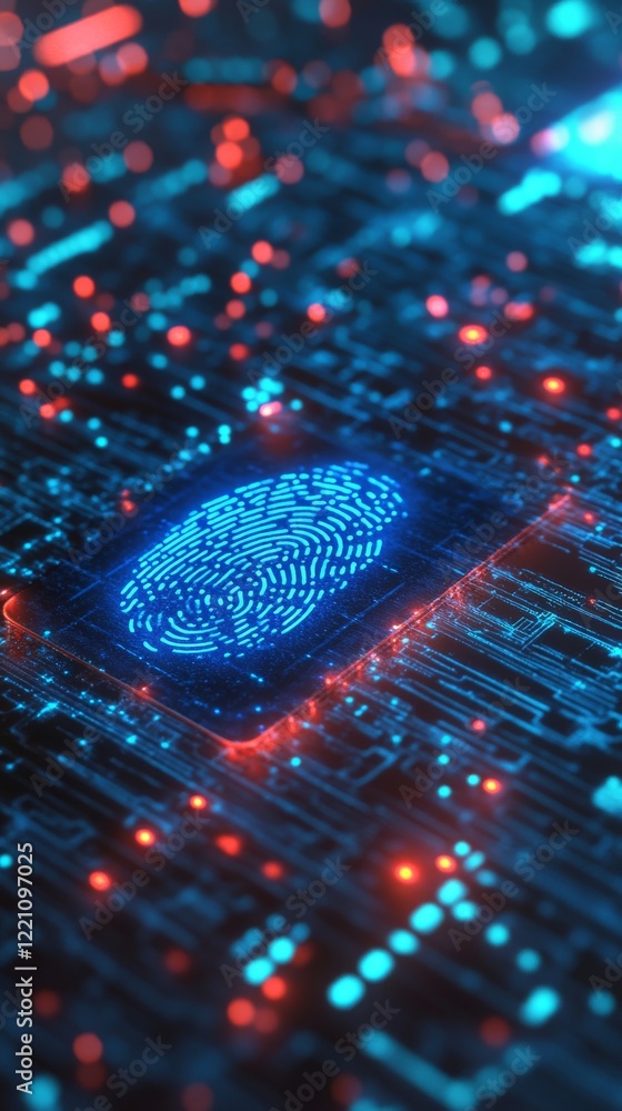 Poster close-up of a futuristic circuit board illuminated with neon lights, showcasing advanced technology 