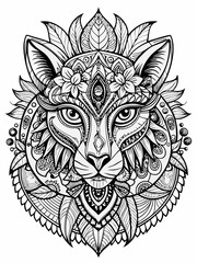 Animal Face Mandala Coloring Page for Adults, black and white, black line art, Isolated on white background