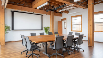 Fototapeta premium modern conference room featuring large wooden table, ergonomic chairs, and projector screen. space is bright and inviting, perfect for meetings and collaboration