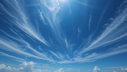 A vibrant blue sky adorned with wispy clouds and sunlight.