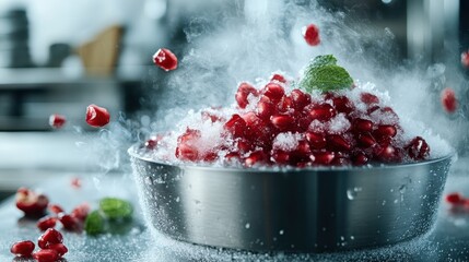 An enticing close-up view of a bowl filled with fresh pomegranate seeds, enhanced by splashes and powdery textures, evoking a sense of vibrancy and zest.