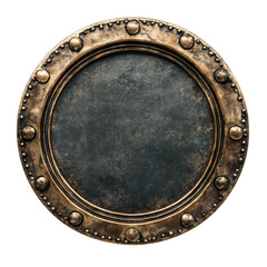 Fototapeta premium A circular metal plate with an aged bronze frame and decorative rivets is shown against a black background.