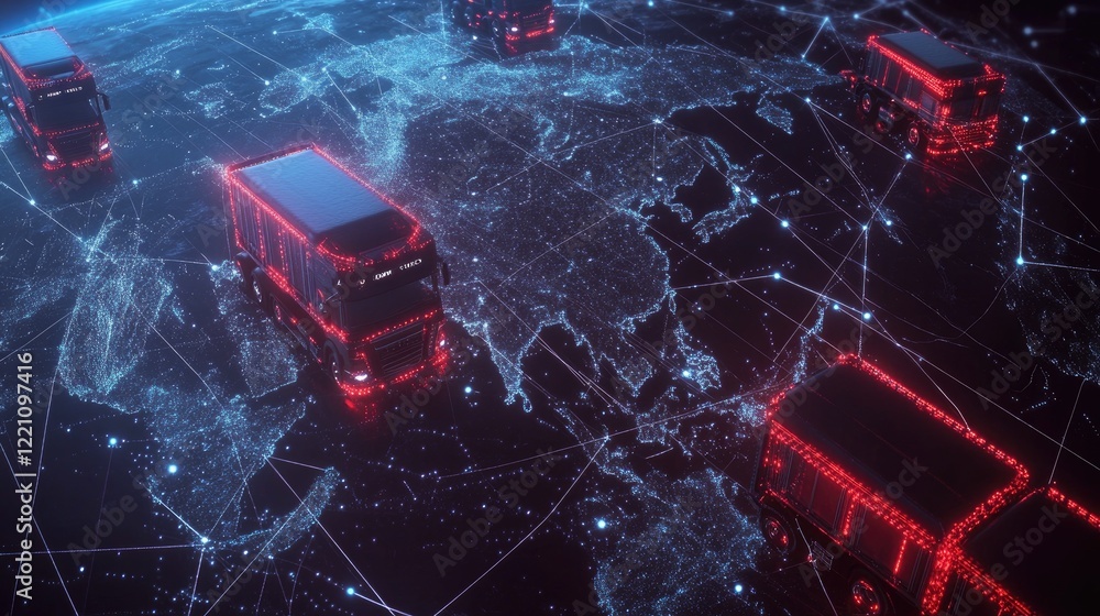 Poster Fleet management system visualized through interconnected trucks on a smart global network, showcasing modern logistics efficiency
