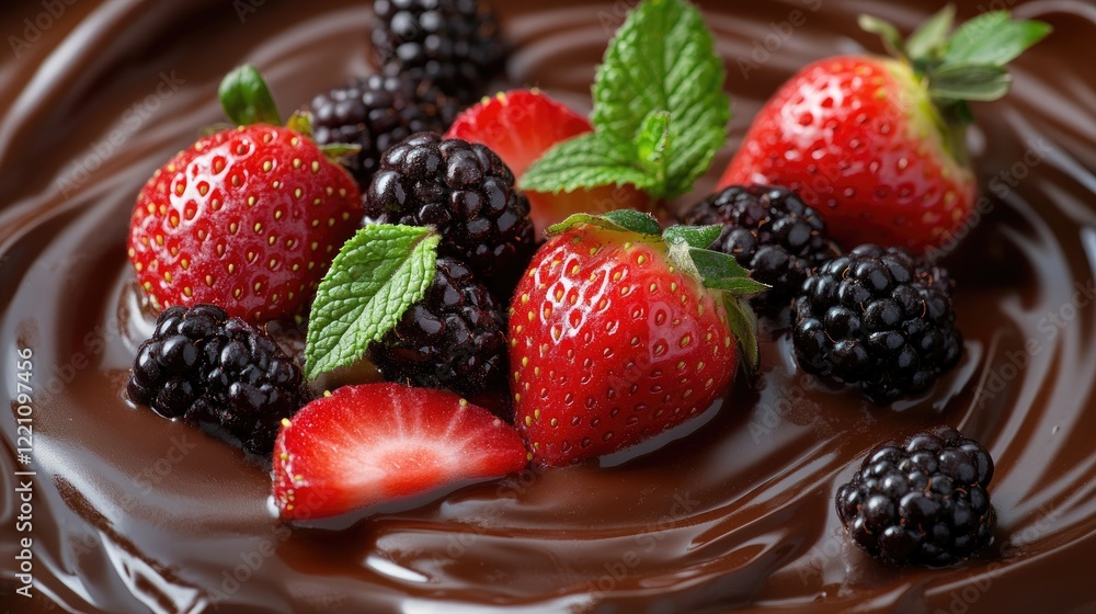 Poster fresh strawberries and blackberries on a swirl of melted chocolate with mint leaves, creating a mout