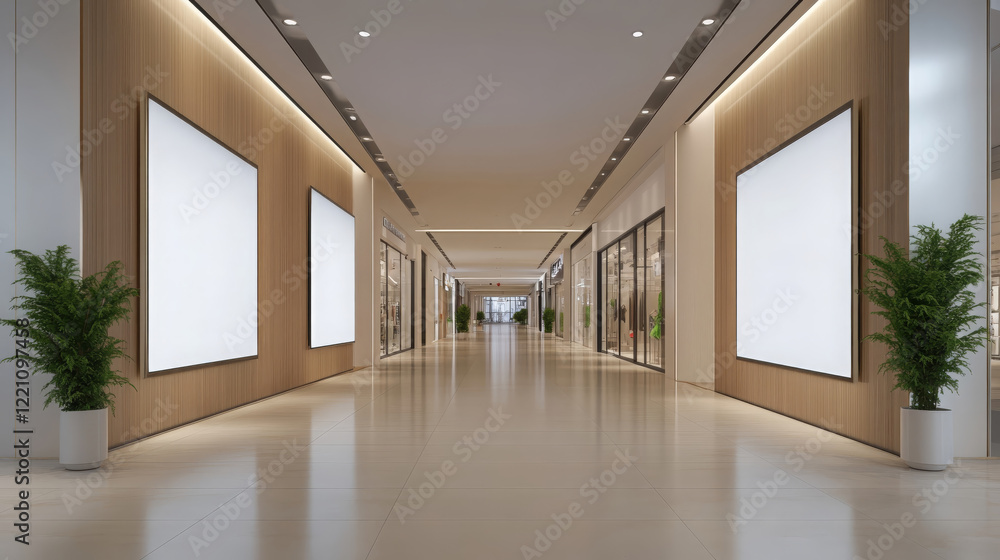 Poster modern shopping mall interior featuring empty corridor with large display spaces and potted plants, 