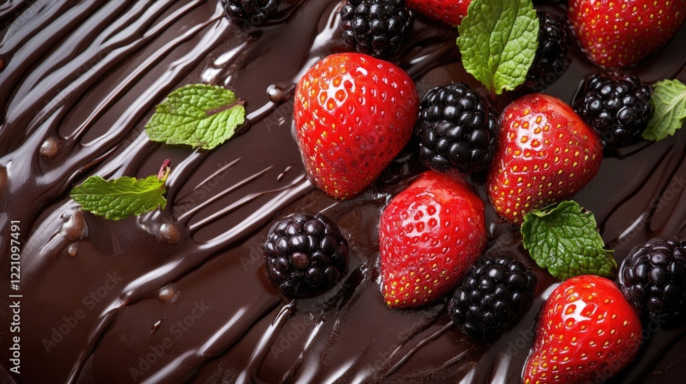 Poster fresh strawberries and blackberries on a swirl of melted chocolate with mint leaves, creating a mout