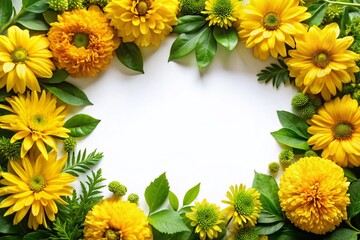 Obraz premium Vibrant Yellow Flowers & Green Leaves Frame on White Background - Perfect for Spring Designs