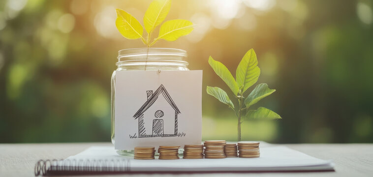 Investing in savings with jar of coins and growing plants symbolizes financial growth and sustainability. This captures essence of nurturing wealth and future planning
