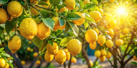 A vibrant lemon tree laden with ripe fruit, bathed in the golden glow of the setting sun.