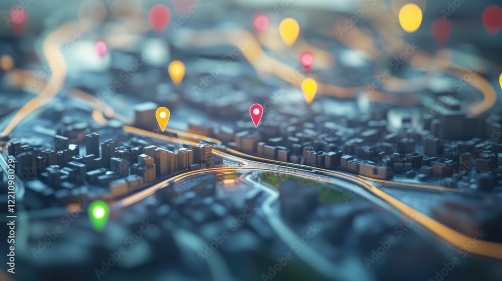 Poster geospatial intelligence and logistics management visualized on a city map, with location pins markin