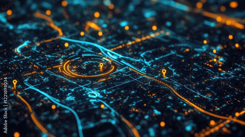 Poster geospatial intelligence and logistics management visualized on a city map, with location pins markin