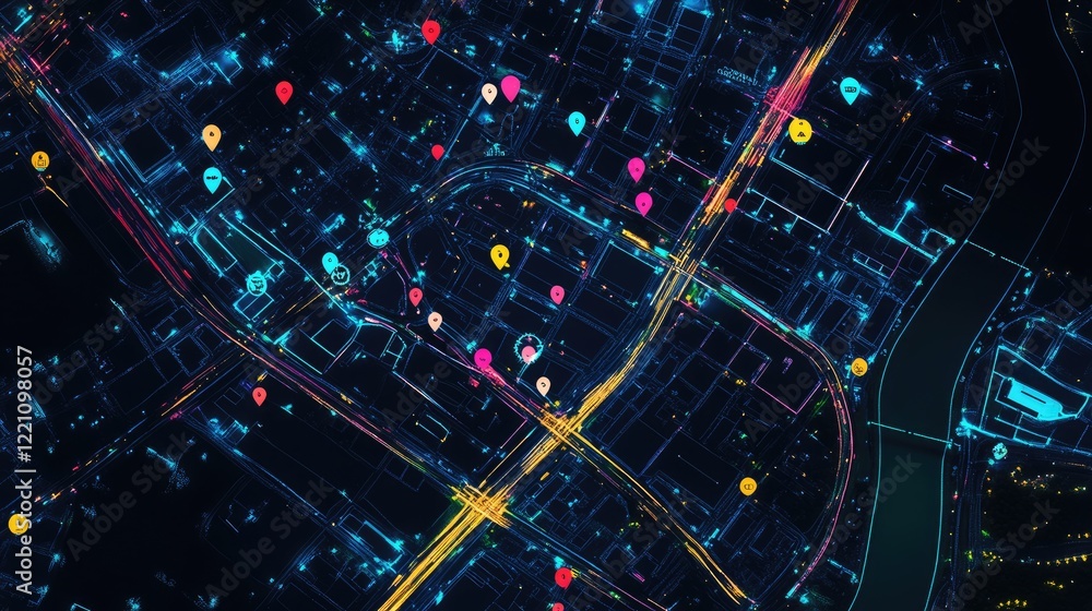 Poster Geospatial intelligence and logistics management visualized on a city map, with location pins marking delivery and transport points.