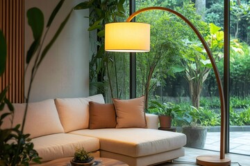 Modern living room with a cozy sofa and arc floor lamp illuminating the space