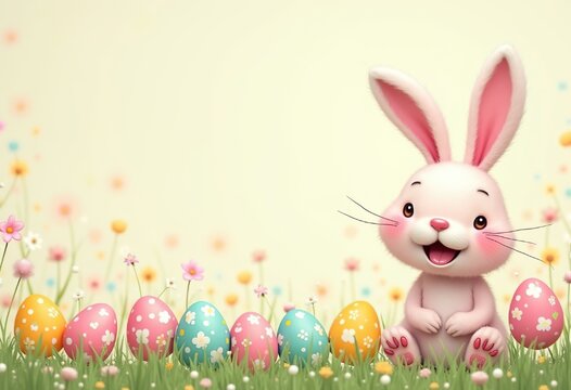 Cute Easter 2025 banner, pink Easter bunny sitting on a clearing with colorful Easter eggs and flowers, happy easter