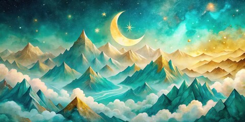 A crescent moon illuminates a sky filled with stars above a majestic mountain range bathed in ethereal glow.