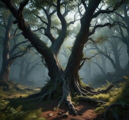 Fototapeta premium A large, dark forest with twisted tree branches and overgrown foliage , overgrown, red glow, dark forest